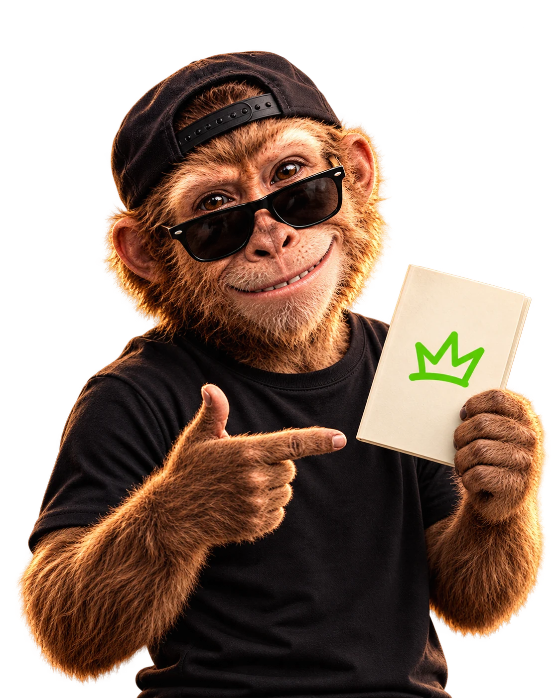 Mascota Monky mostrando una guía con una corona verde